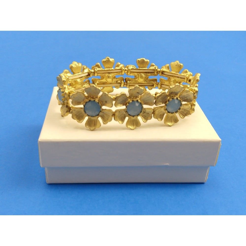 Gold Tone Flower Bangle Bracelet Thick Cuff Blue Stone Stretch